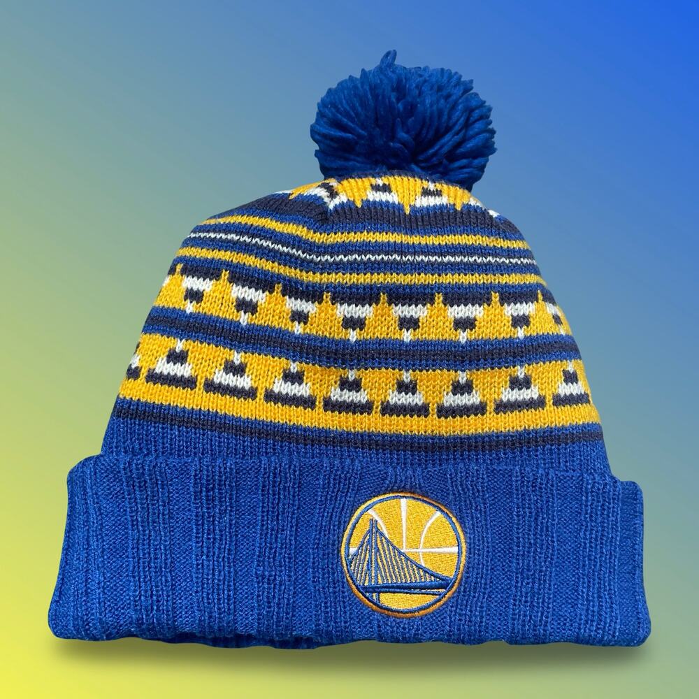 Mitchell & Ness Golden State Warriors Cuffed Pom Beanie Hat Knit Blue Yellow OS